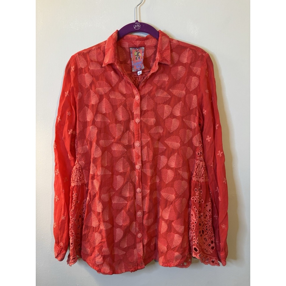 JOHNNY WAS Red Embroidered Eyelet Tunic Blouse XS‎ Leaf Print Rayon